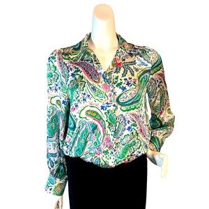 ZARA NWOT Blue Green Fuchsia Paisley Long Sleeve BlouseGold Buttons Size Large